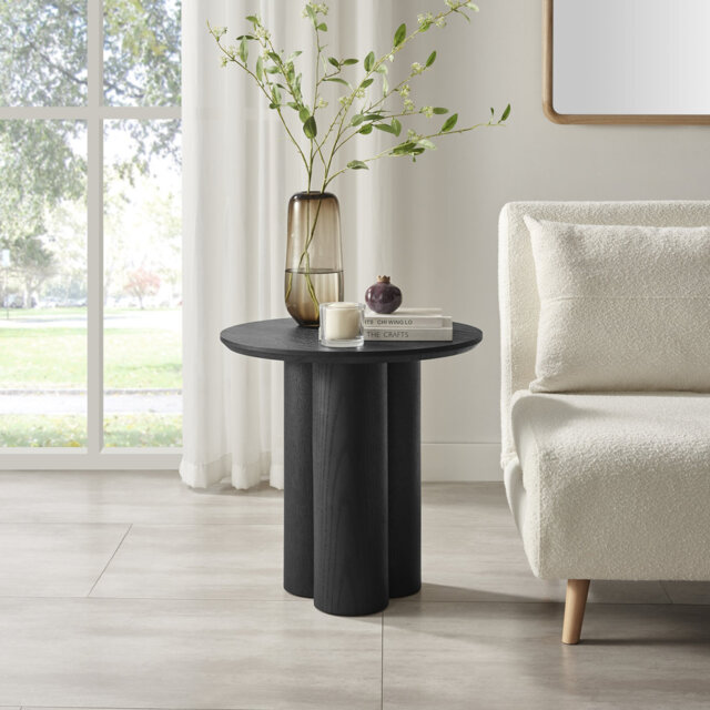 Delshawn Pebble Shaped Pillar Legged Walnut Veneer Wood Round Side Table - Luxury Scandi Style