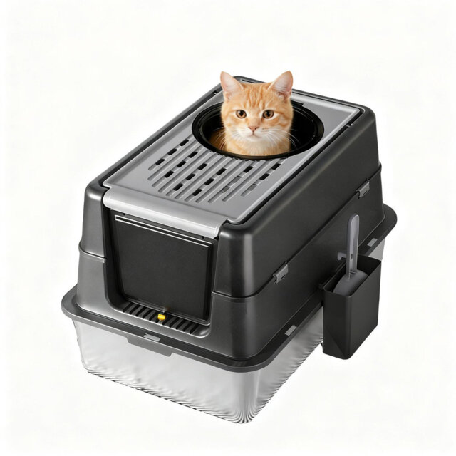 Leak-Proof 180° Turn Over-Top Large Stainless Steel Cat Litter Box, High-Sided Enclosed Pan, Dual Entry, Odor Control, Easy Clean, Includes Scooper, B