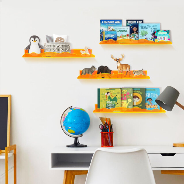 Rainbow Acrylic Floating Shelves, 15in Wall-Mounted Nursery Bookshelves for Books, Toys, and Decor (4-Pack)