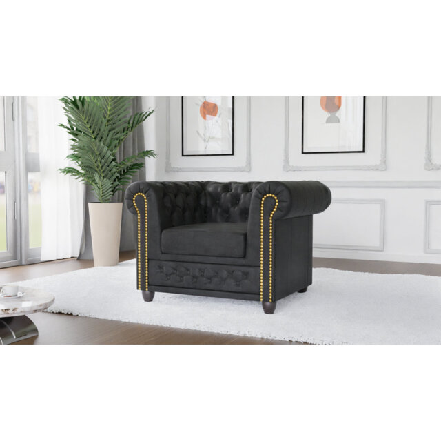 Chesterfield Armchair Friedrich Made of Vintage Look Microfibre with Solid Wood Legs