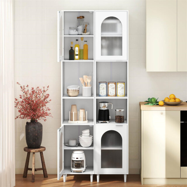 Bathroom Tall Cabinet,  High Slim Bathroom Storage Unit With  Tempered Glass Doors And Open/Adjustable Shelves, Wooden Freestanding Narrow Floor Cupbo