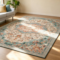 Teal Blue Traditional Vintage Area Rug 160 x 230 cm, Machine Washable Non‑Slip Indoor Carpet for Living Room, Bedroom, Kitchen & Dining Room Home Deco