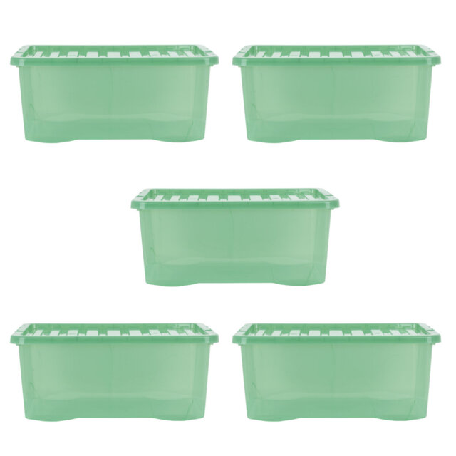 Wham Crystal 45L Plastic Storage Box Pack of 5 Tint Leprechaun Green