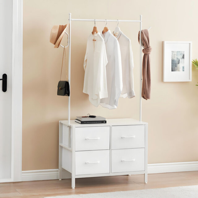 Clothes Rack with 4 Drawers, Heavy Duty Metal Frame Garment Rack, Freestanding Clothing Racks with Fabric Drawers & Wooden Top, Portable Wardrobe Clos