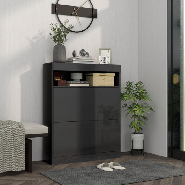 Narrow Shoe Cabinet, Wall Mounted Or Freestanding Shoe Storage Cabinet With 2 Flip Drawers And Open Shelf For 12-16 Pairs Of Shoes For Entryway