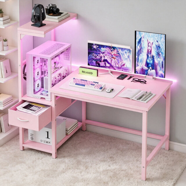120 cm Gaming Desk with LED Lights & CPU Stand, Computer Desk with Reversible Shelves and Storage Drawer, Home Office PC Desk with Hanging Bag