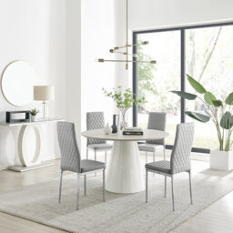 Edzard Statement Round Dining Table Set in Luxury Beige Stone Effect & 4 Faux Leather Dining Chairs