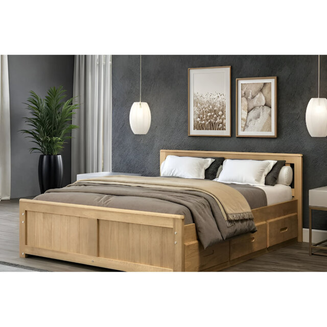 Mission Pine 5'0 King Bed With Under Bed Storage Drawers And Slatted Headboard - Waxed