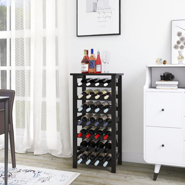 7-Tier Freestanding Wine Rack, 28 Bottle Display With Tabletop, Grey