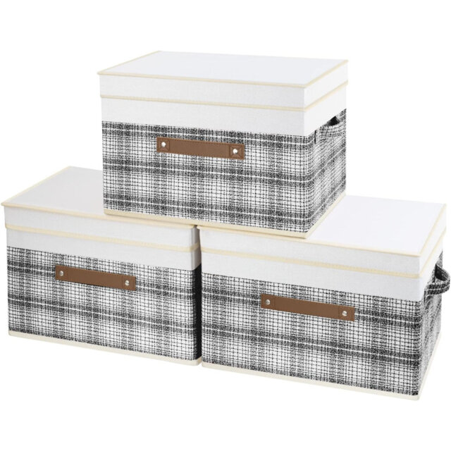 Collapsible Storage Box With Lid, Patchwork Design, Decorative, Fabric Storage Box For Clothes, Wardrobe Storage, 38X25x25 Cm, Set Of 3, Grey