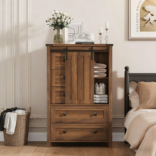 "Farmhouse 5 Drawer Dresser for Bedroom, 48"" Tall Wood Dressers Chest of Drawer with Sliding Barn Door, Adjustable Shelf, Storage Organizer for Bedroom"