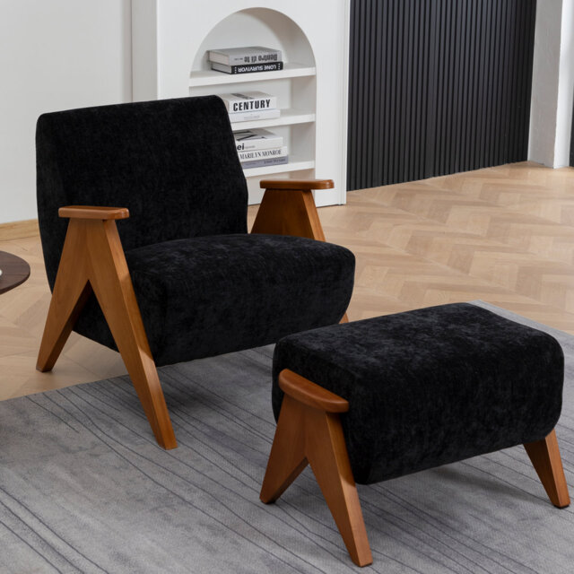 Upholstered Chenille Armchair With Footstool