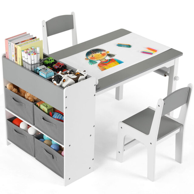 Table And Chair Sets, Art Table With Storage Space, Wooden Children Drawing Table With Paper Wheels And 4 Storage Boxes, Toddler Table And Chairs Set