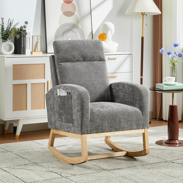 Rocking Chair, Modern Glider Chair, Recliner Armchair with Wood Legs and Side Pocket