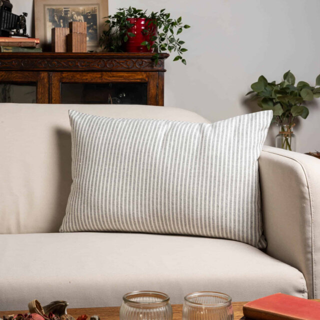 Woven Ticking Stripe Cushion in Dove Grey