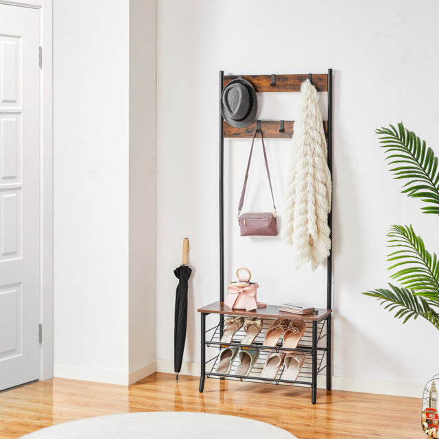 3-In-1 Hall Trees with Bench, Coat Rack with 2 Tier Shoe Rack, Hall Trees with 5 Portable Hooks, Metal Frame for Entryway, Living Room