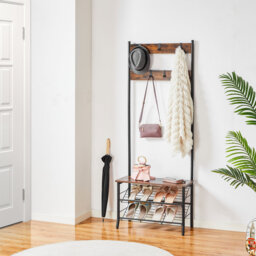 3-In-1 Hall Trees with Bench, Coat Rack with 2 Tier Shoe Rack, Hall Trees with 5 Portable Hooks, Metal Frame for Entryway, Living Room