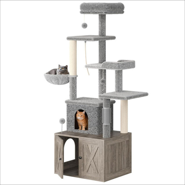Cat Tree with Litter Box Enclosure, Hidden Cat Washroom Furniture,All-in-one Indoor Kitten House w/Scratching Posts, Multiple Platform and Condo, Mode