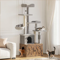 Cat Tree with Litter Box Enclosure, Hidden Cat Washroom Furniture,All-in-one Indoor Kitten House w/Scratching Posts, Multiple Platform and Condo, Mode