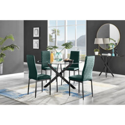 Bernell Modern Chrome Metal & Glass Round Dining Table Set with 4 Quilted Velvet Chairs