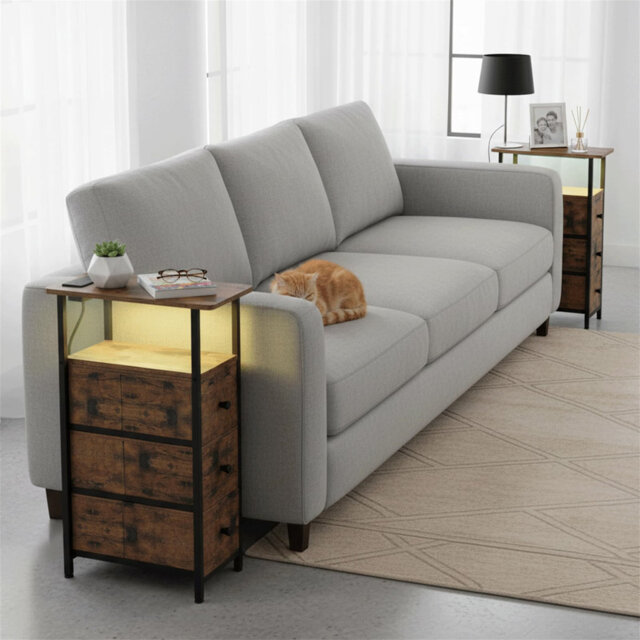Bedside Table Set Of 2, Narrow Side Table With Charging Station, Sofa Table With Fabric Drawers And Open Storage Shelf, Nightstand For Small Spaces, L