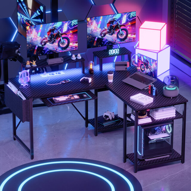 Agathi 60cm W Rectangle L Shaped Computer Desk With Monitor Stand and Cabinet LED Light Gaming Desk With Power Outlet Large Home Office Desk
