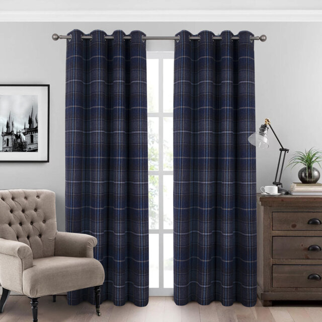 100% Blackout Curtains Check Eyelet Bedroom Tartan Curtain Plaid Brushed Cheque Pair of Highland Woolen Look Window Treatment for Living Room Green 46