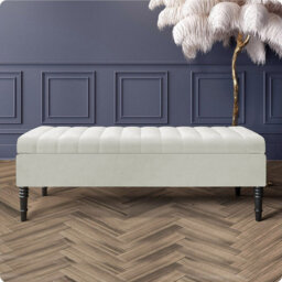 Safar Striped Ottoman Storage Bench – Upholstery Plush Velvet Shoe Bench with Black Turned Wooden Legs