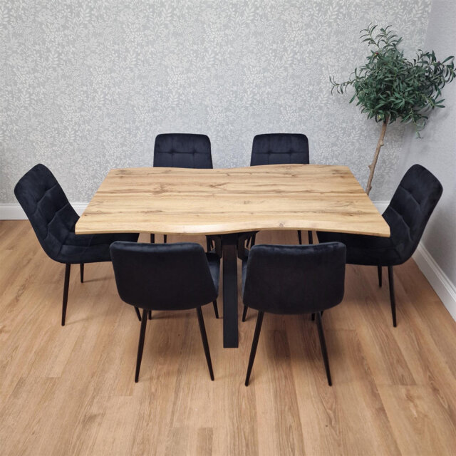 Wooden Brown Dining Table with 6 Velvet Chairs, Stylish Dining Room Furniture