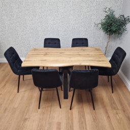 Wooden Brown Dining Table with 6 Velvet Chairs, Stylish Dining Room Furniture