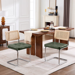 Aveon 48.5cm H Mid-Century Modern Tufted Leather Cantilever Dining Chair with Chrome Frame and Cane Rattan Back