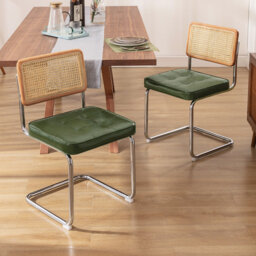 Aveon 48.5cm H Mid-Century Modern Tufted Leather Cantilever Dining Chair with Chrome Frame and Cane Rattan Back