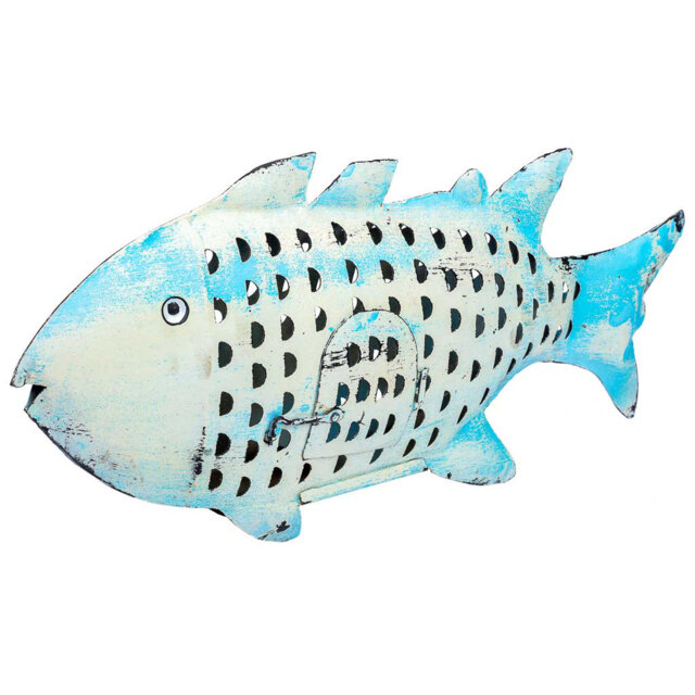 BLUE ANTIQUED METAL CANDLE HOLDER FISH