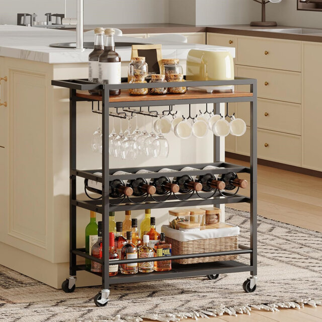 3-Tier Bar Cart With Wine Glass Rack For Living Room,Rustic Brown And Back
