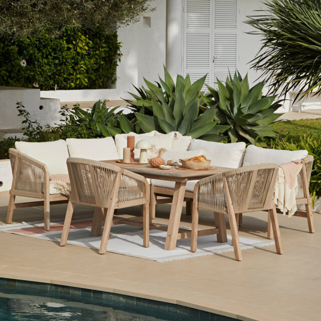 7 - Person Acacia Wood Patio Dining Set with Rectangular Table , Cushions Included
