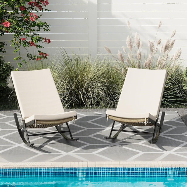 2pcs Outdoor Rocking Chairs, Rocker Patio Chair Set of 2 with Cushions for Bistro Balcony Porch Yard, Indoor Outdoor Modern Metal Lounge Rocking Chair