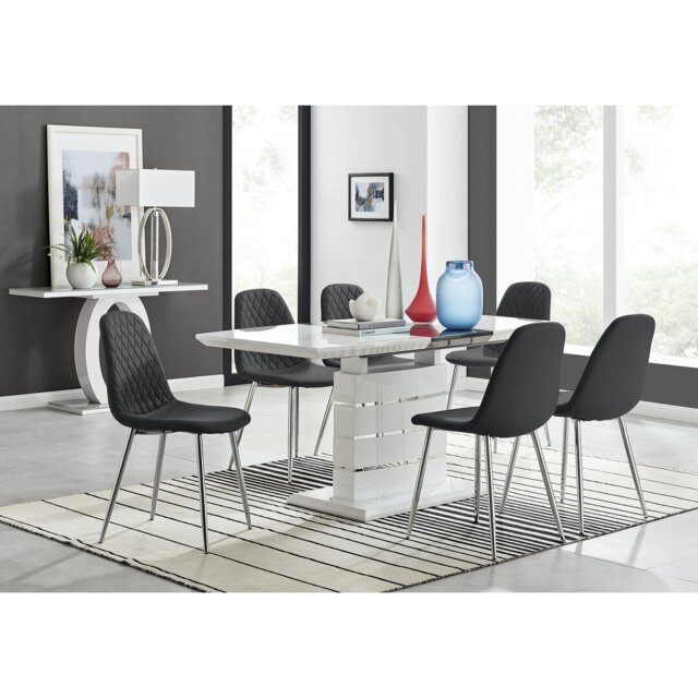 Renne Modern High Gloss Extendable Dining Table Set With 6 Luxury Faux Leather Dining Chairs