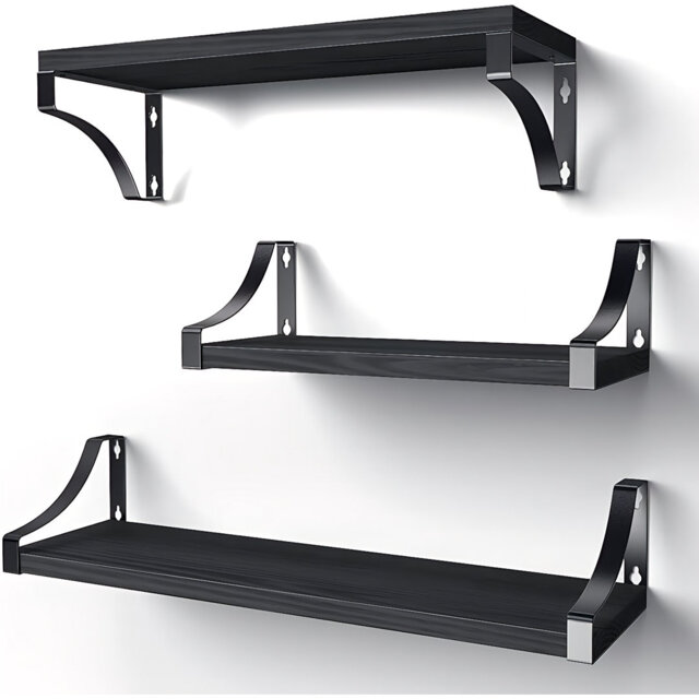 Paulownia Wood Floating Shelves With Metal Brackets, Adjustable Wall Shelves For Bedroom, Kitchen, Bathroom & Living Room