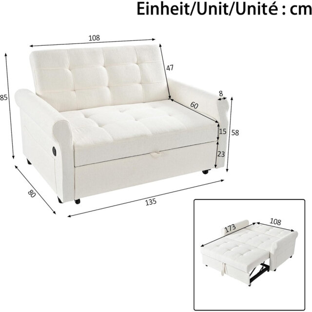 Jaxenor 2 Seater Pull Out Sofa Bed, Convertible Sleeper Sofa, Double sofa Bed with Side Storage Pocket, Rolling Casters, Fold Out Guest Couch for Smal