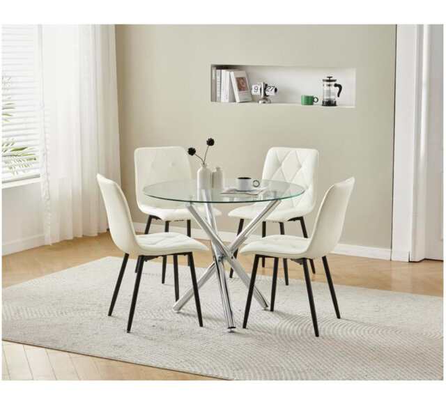 Round Glass Dining Table and White Leather Chairs Set of 2 for Small Space,3 Pieces Modern 90cm Kitchen Table with 2 Chairs for Compact Dinette Restau