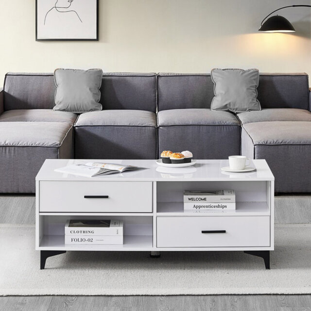 Coffee Table, 110X60x45cm Livingroom Table, Sofa Table With 4 Drawers, Table In High-Gloss Finish,Black