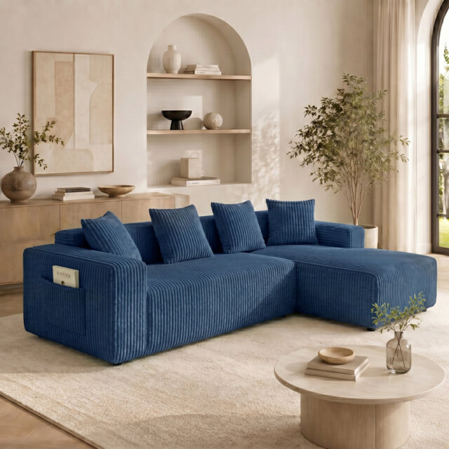 Modern Oversized 262cm Boneless Corner Sofa L-Shaped Corduroy Sofa With Storage Pockets