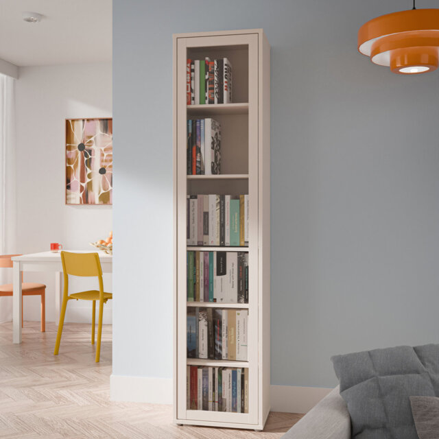 Modern minimalistic tall display cabinet with glass door, 5 shelves, engineered wood, beige, 49.8 cm W x 214.3 cm H x 34.9 cm D