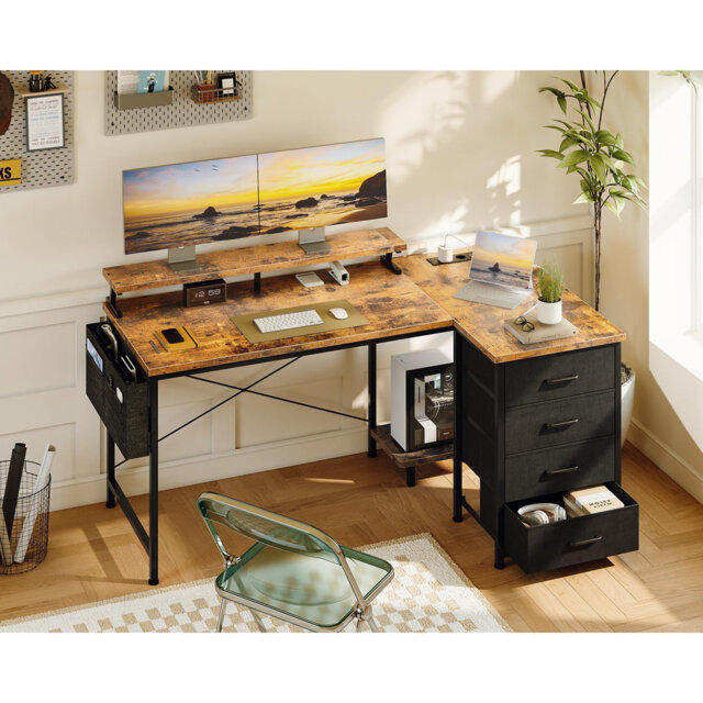 Yatendra L-Shaped Metal Base Writing Desk with Power Outlet