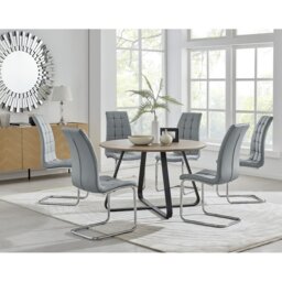 Sandy Classic Wood Effect & Metal Dining Table Set with 6 Modern Faux Leather Dining Chairs