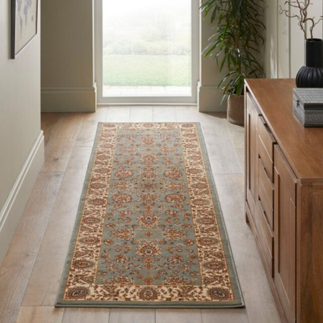 Blue Traditional Bordered Floral Rug For Bedroom, Dining Room, Stain Resistant Modern Rug