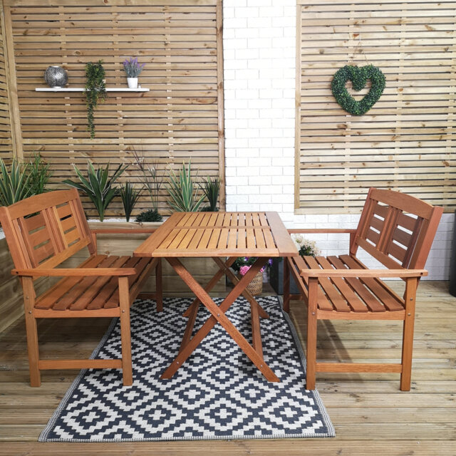 Aayushi Outdoor 4 Person Folding Rectangular Wooden Garden Patio Dining Table and 2 Benches Set