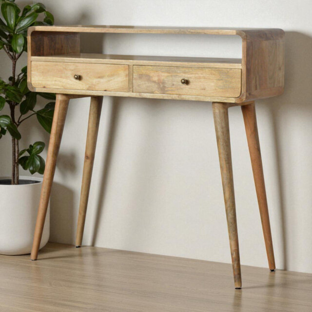 Solid Wood Curved Oak-ish Console Table, 2 Drawers & Open Shelf, Light Brown Nordic Leg Entryway Hall Sofa Table