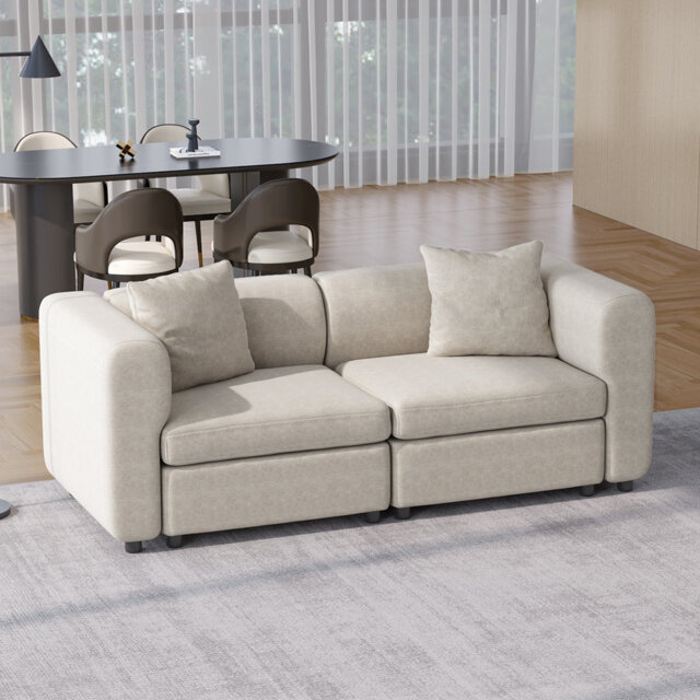 Modern Beige Modular Loveseat with Deep Seat and Soft Cushions