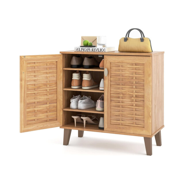 Wooden Shoe Cabinet, Freestanding Hallway Shoe Cupboard With Double Woven Doors And Removable Shelves